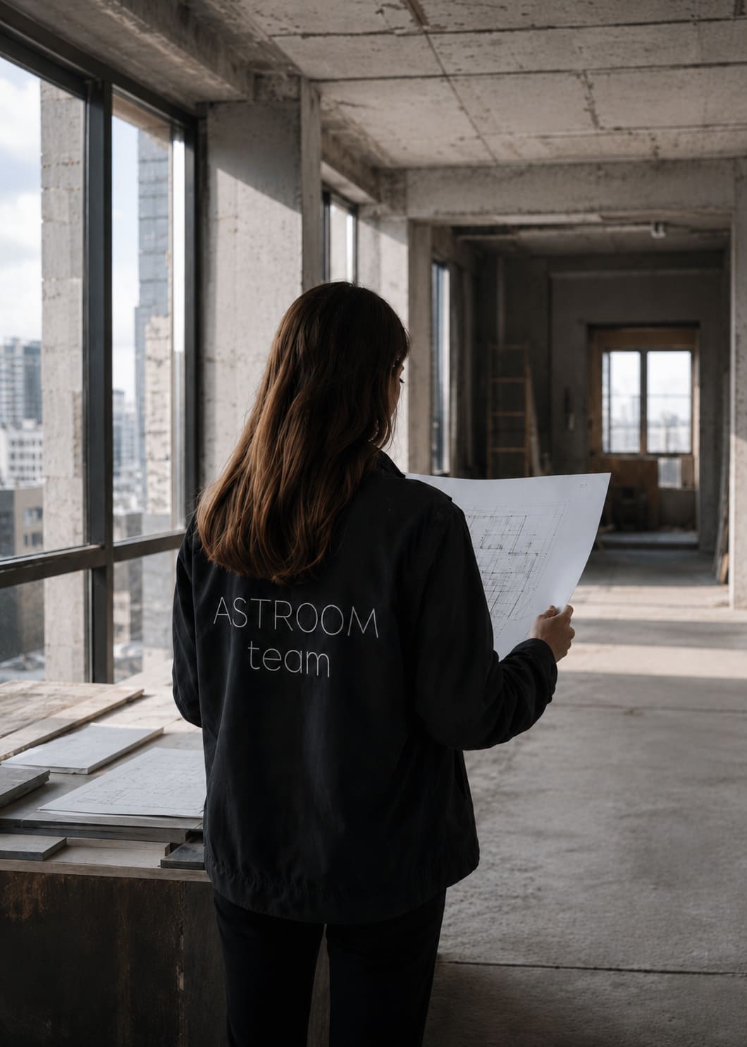 Девушка в куртке ASTROOM с бумажным планом в помещении без отделки