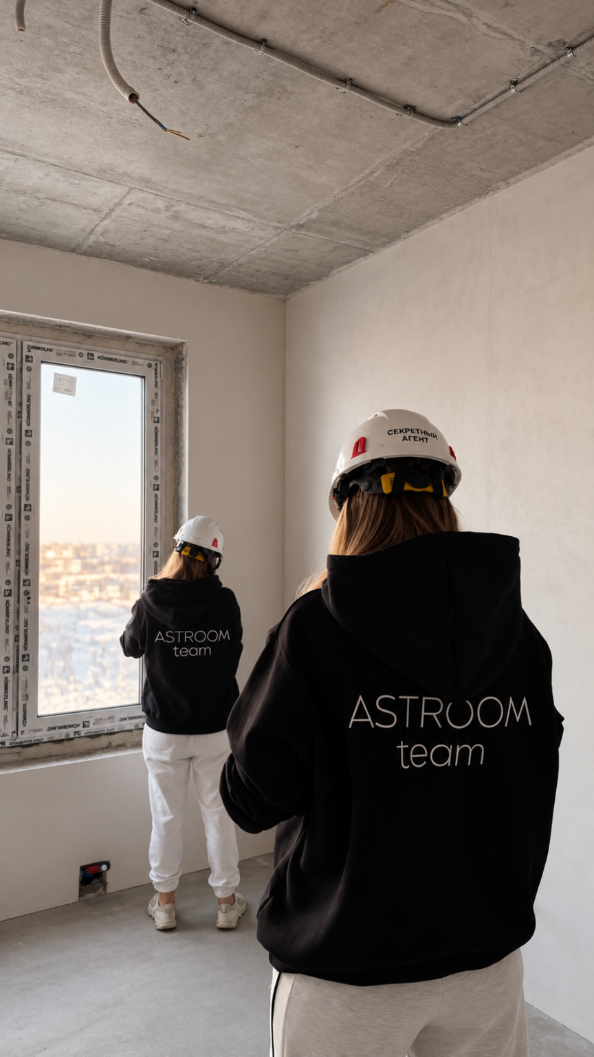 Два человека в касках и худи ASTROOM team в помещении с незавершённой отделкой